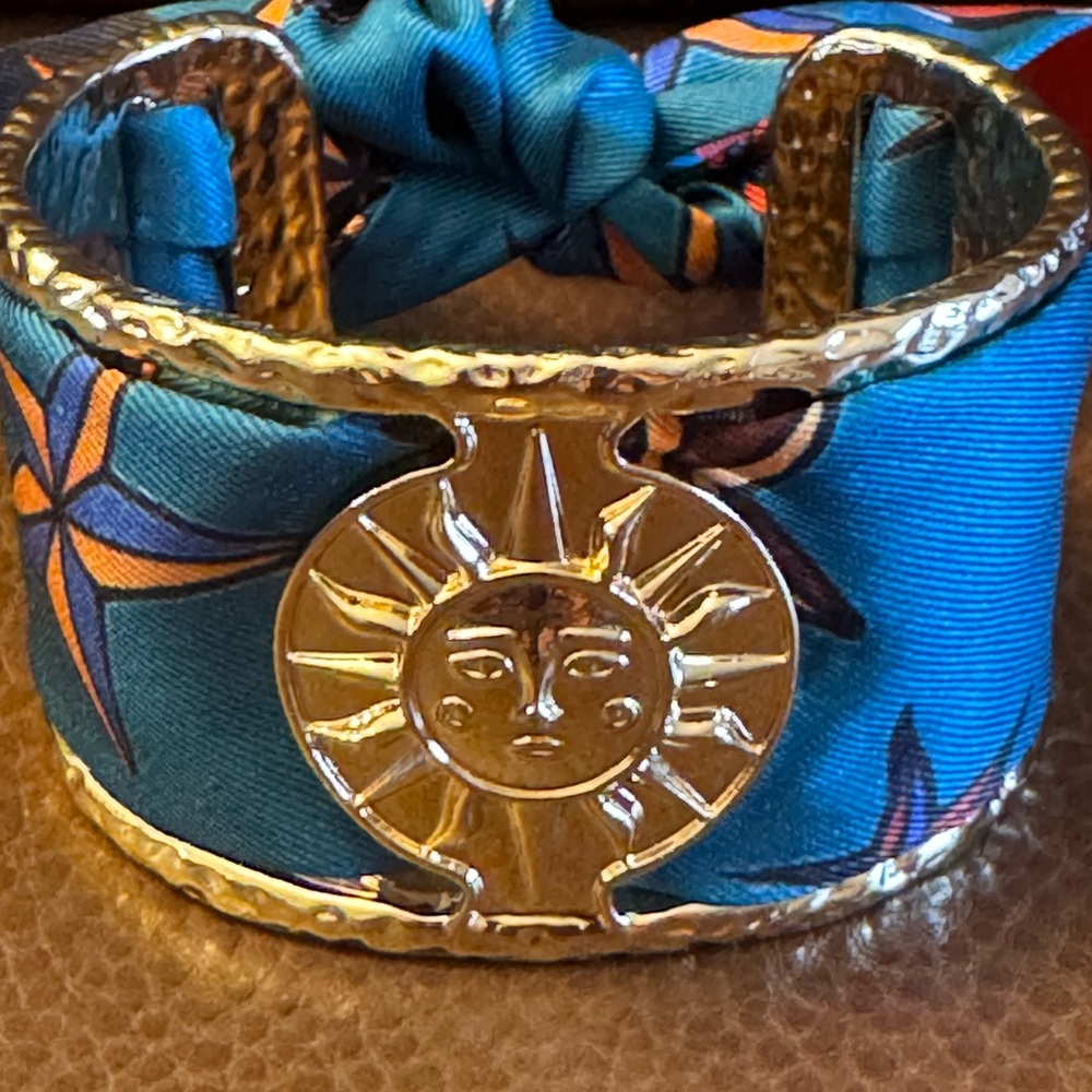 NWT gold tone “sun & stars” cuff with threaded teal blue & orange silk scarf